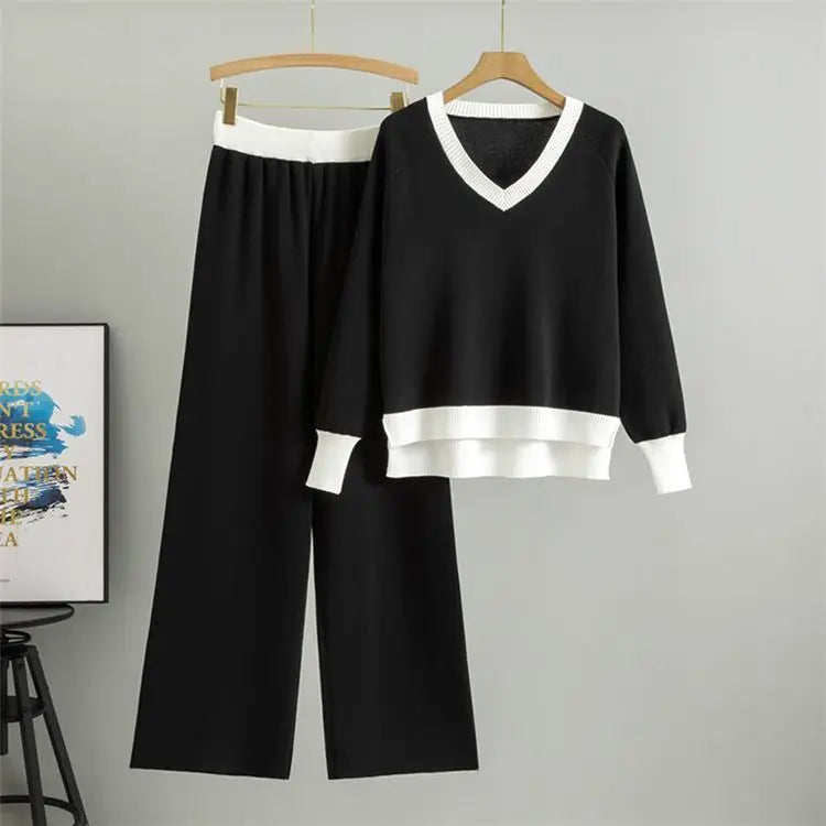 Fashionable Casual Suit for Women 2025 Spring and Autumn V-neck Contrasting Sweater Loose Wide-leg Pants Two-piece Set