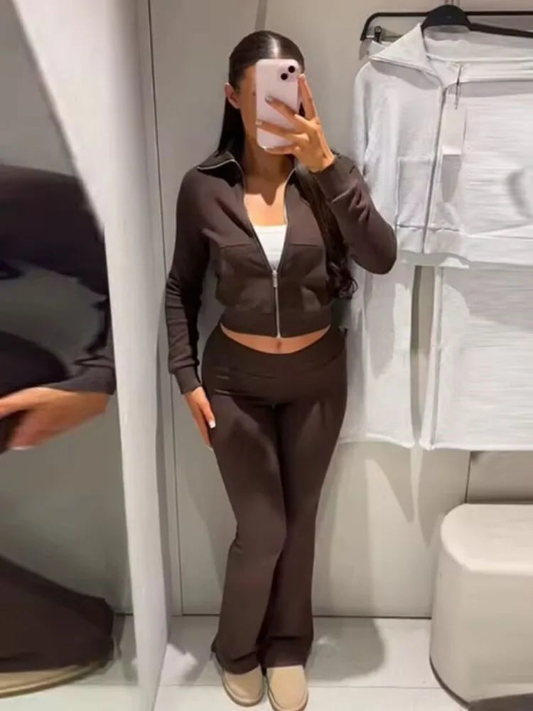 HH Women Autumn Fashion Sets Solid Turn-Down Collar Long Sleeves Pockets Zipper Slim Short Coat+Casual Elastic Waist Long Pants SwiftNest