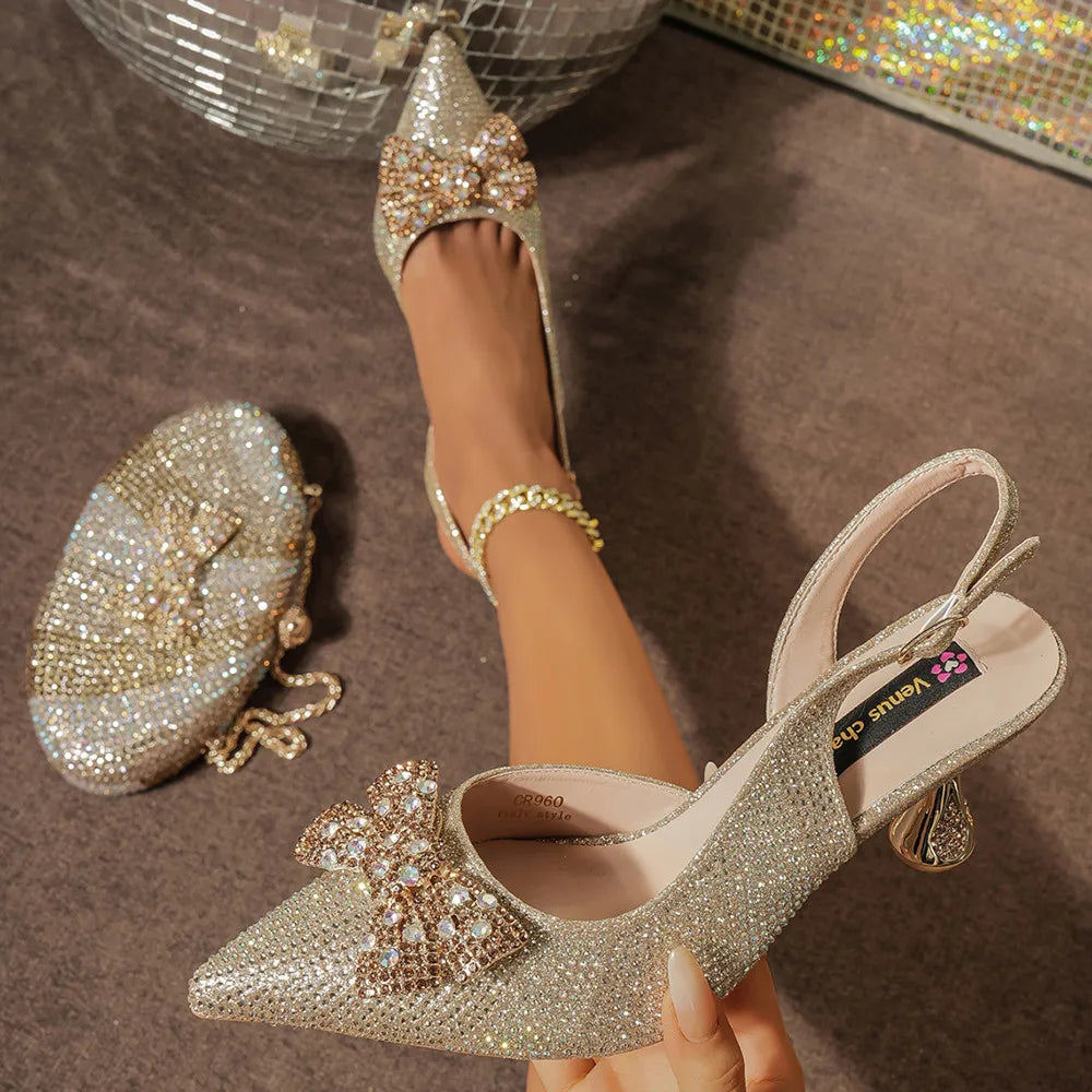 Venus Chan Green Color Pointed-Toe High Women Heels Shoes and Bags for Women Rhinestone Evening Party Elegant Luxury Handbag