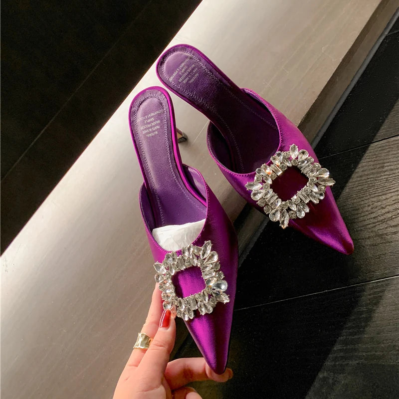 Drestrive 2022 Fashion Mules Crystal Knot Pointed Toe Women's Pumps Thin High Heel Summer Shoes Purple Dress Satin