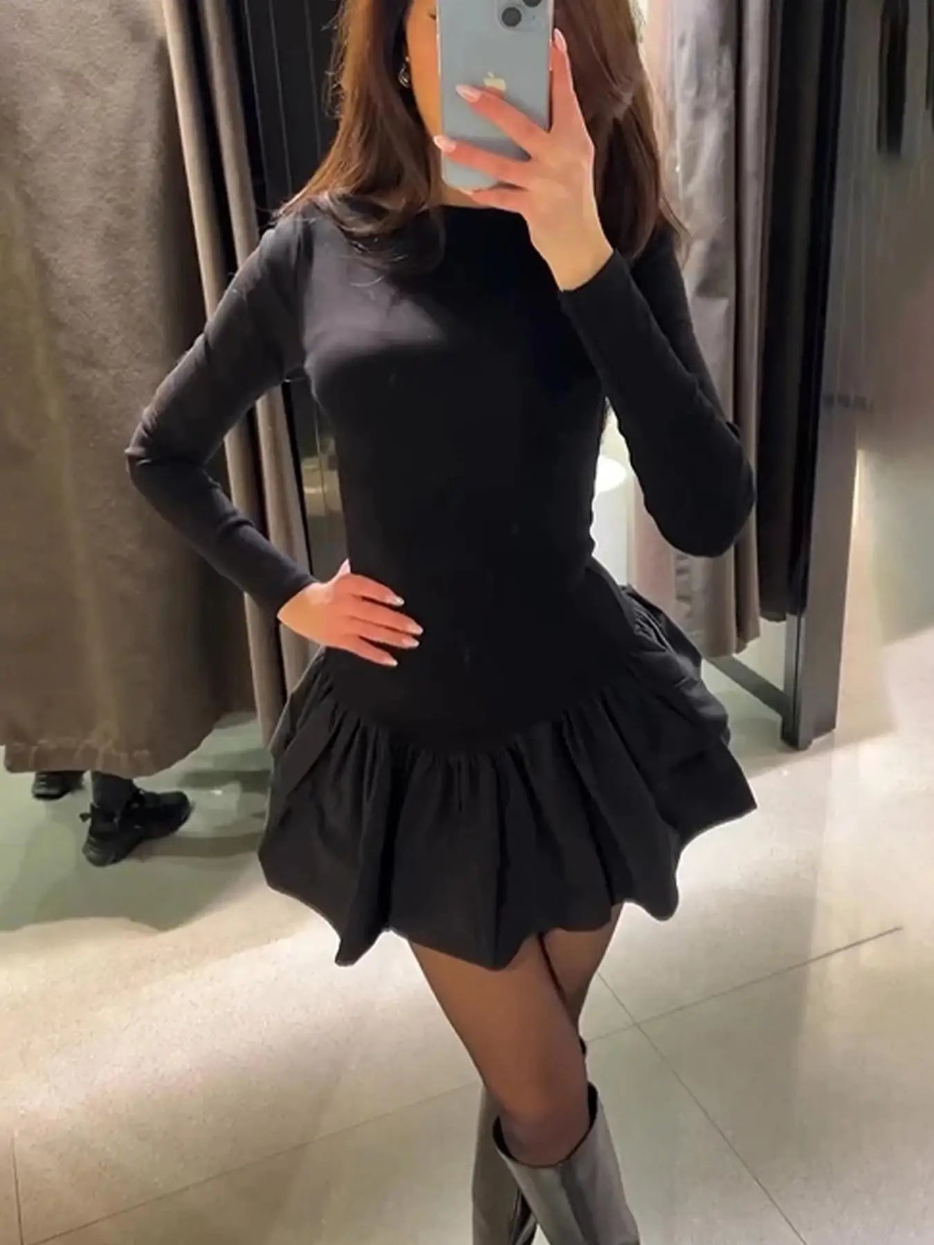 Women Fashion Solid Tierred Ruffle A-Line Dress Spring Elegant O Neck Slim Fit Mini Dress Autumn Long Sleeve Simple Boho Dresses