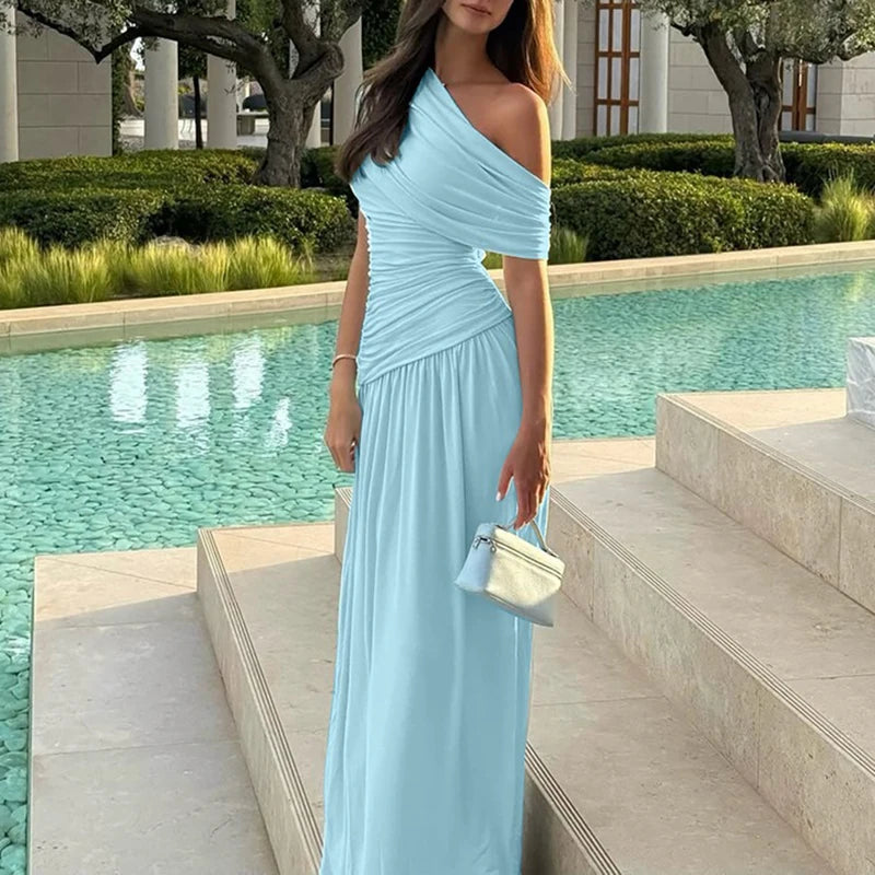 Women Fashion Hight Waist Pleat Solid Party Dress Summer Sexy Sleeveless Slim Maxi Dress Elegant Slant Neck Irregular Long Dress