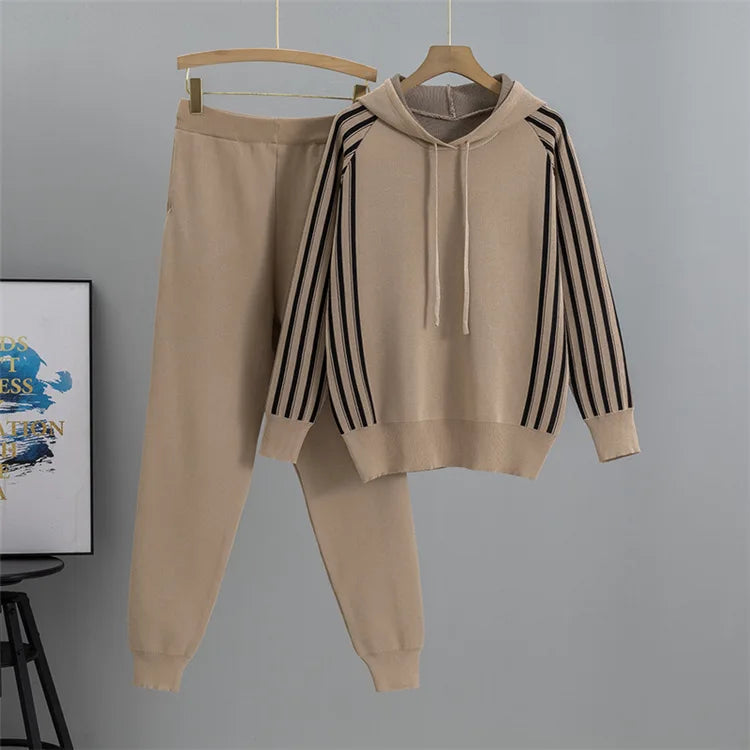 Fashion Autumn Women 2 Pieces Sets Casual Hooded Patchwork Loose Knitted Sweater Sports Harlan Pants Suits Winter Sportswear SwiftNest