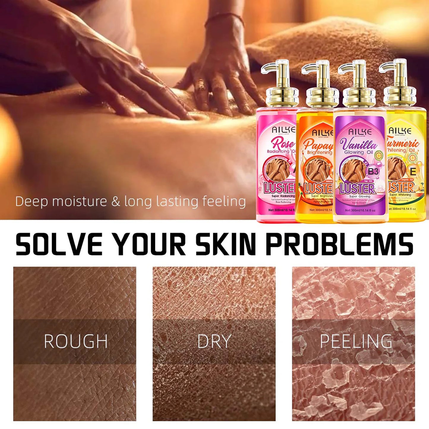 AILKE Whitening Body Oil, Moisturizing, Nourishing, Smooth Skin, Reduce Dark Spots, Suitable For All Skin Types, 300ml