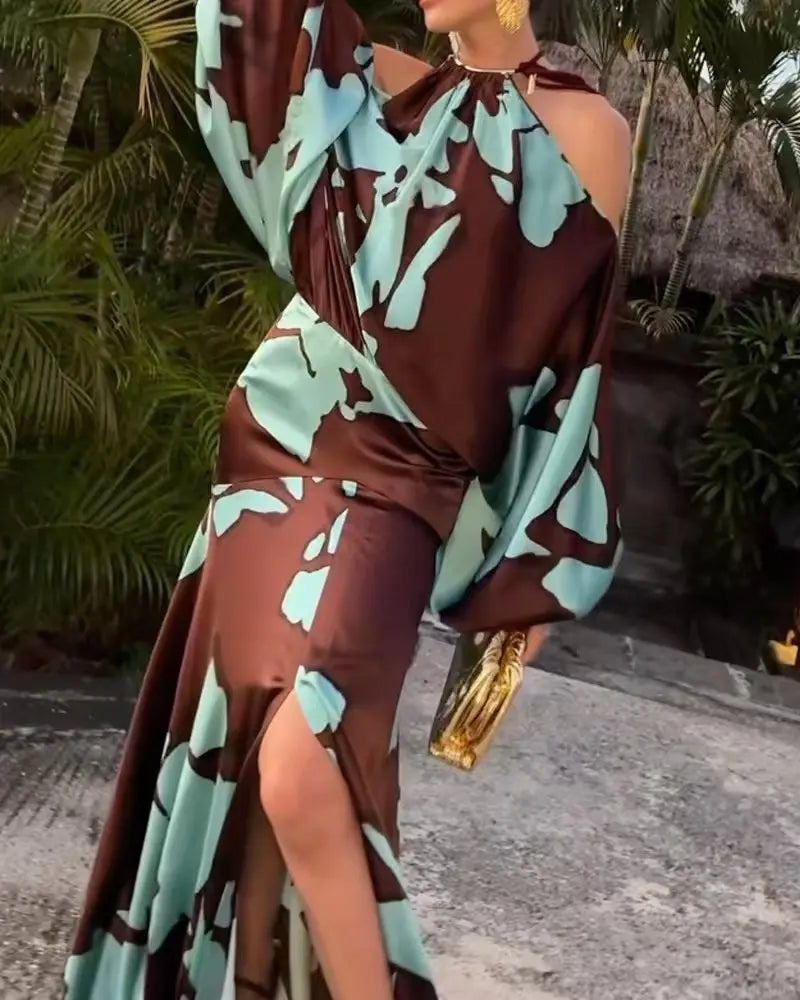 2025 Women's Fashion Temperament Elegant Vacation Style Printed Off Shoulder Slit Comfortable Casual Commuting Party Dress