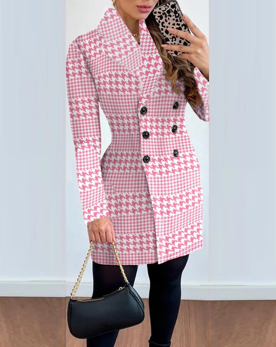 Autumn Winter Fashion Plaid Woolen Coat Dress Women Causal Office Ladies V-neck Double Breasted Slim Woolen Coat Dress Women SwiftNest