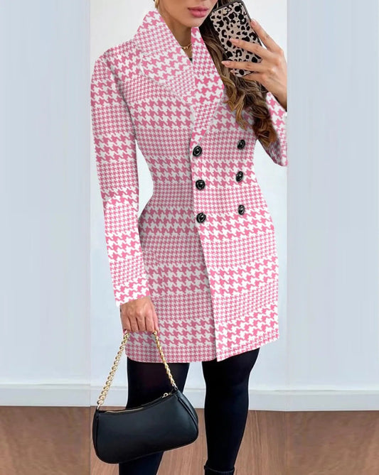 Autumn Winter Fashion Plaid Woolen Coat Dress Women Causal Office Ladies V-neck Double Breasted Slim Woolen Coat Dress Women SwiftNest