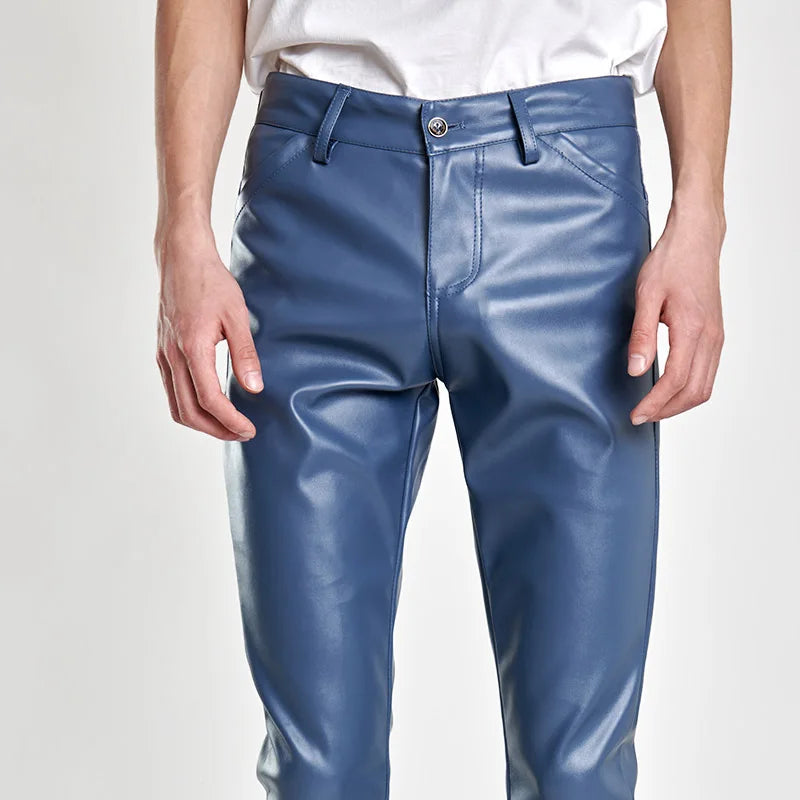 بنطلون رجالي من الجلد الصناعي بتصميم روك ستايل، بنطلون مناسب للرقص في النوادي الليلية، بنطلون رجالي ضيق من الجلد الصناعي مناسب للدراجات النارية
