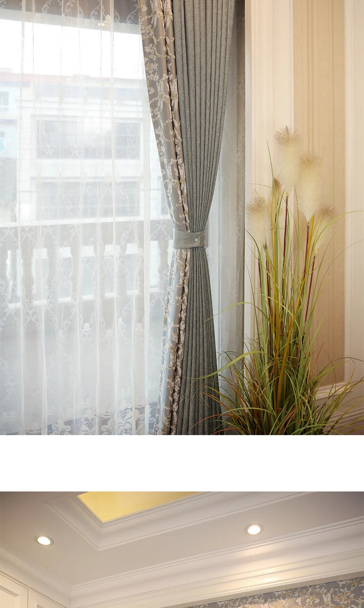 ستائر مخصصة لغرفة المعيشة، بسيطة، مزينة بدانتيل، شينيل أخضر، تطريز، ستارة من التول، قماش عالي الجودة