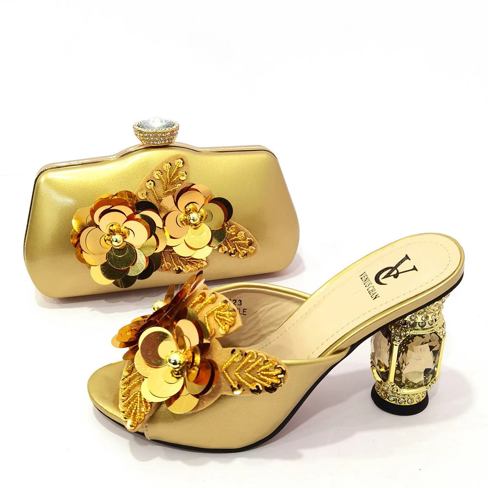 Arican New Arrival Speical Narrow Band and Cross-tied Style Italian Design Ladies Shoe and Bag Set in Gold Color for Party