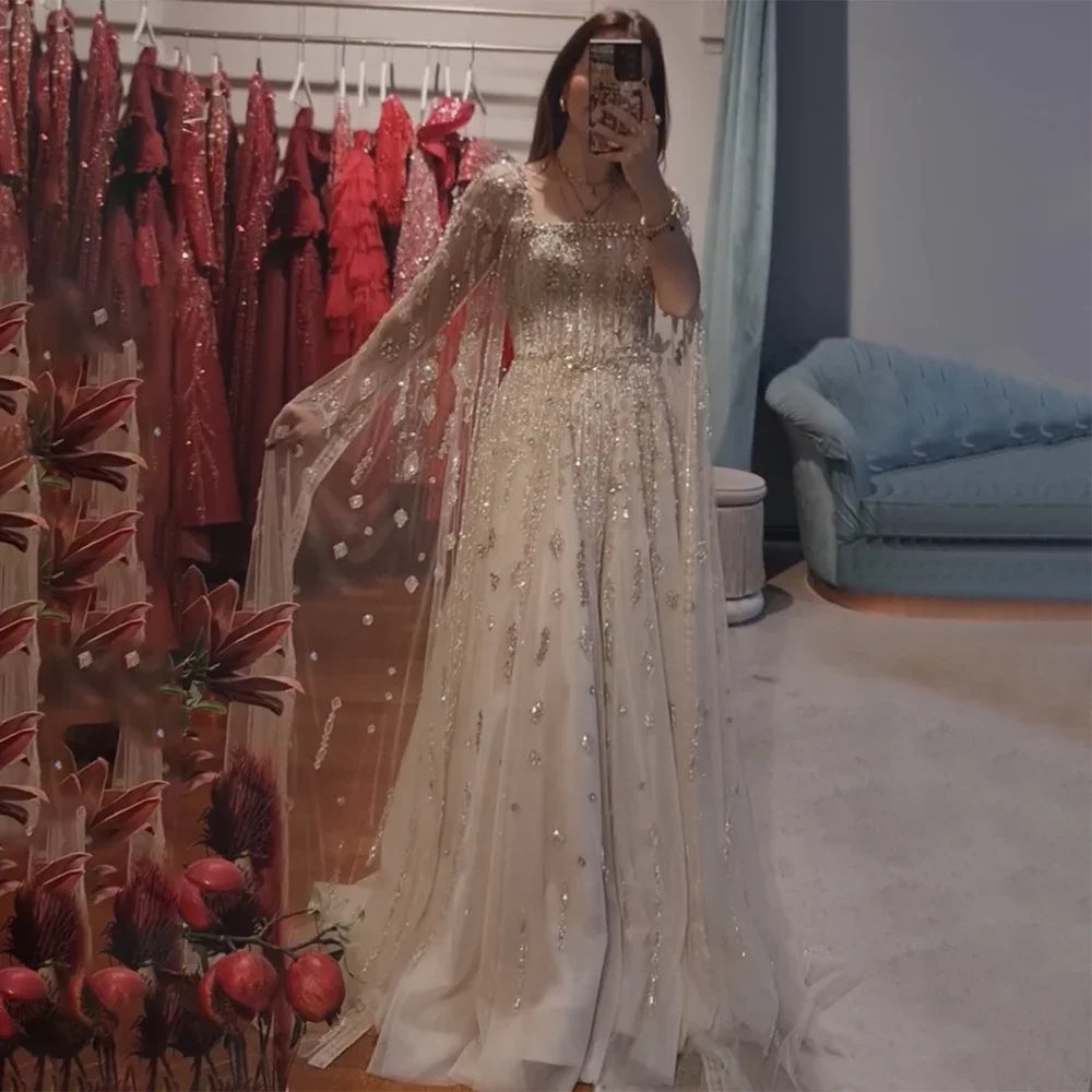 Serene Hill 2025 Arabic Nude A Line Cape Sleeve Crystal Beaded Luxury Evening Dresses Gowns Formal Occasion Customize BLA72764