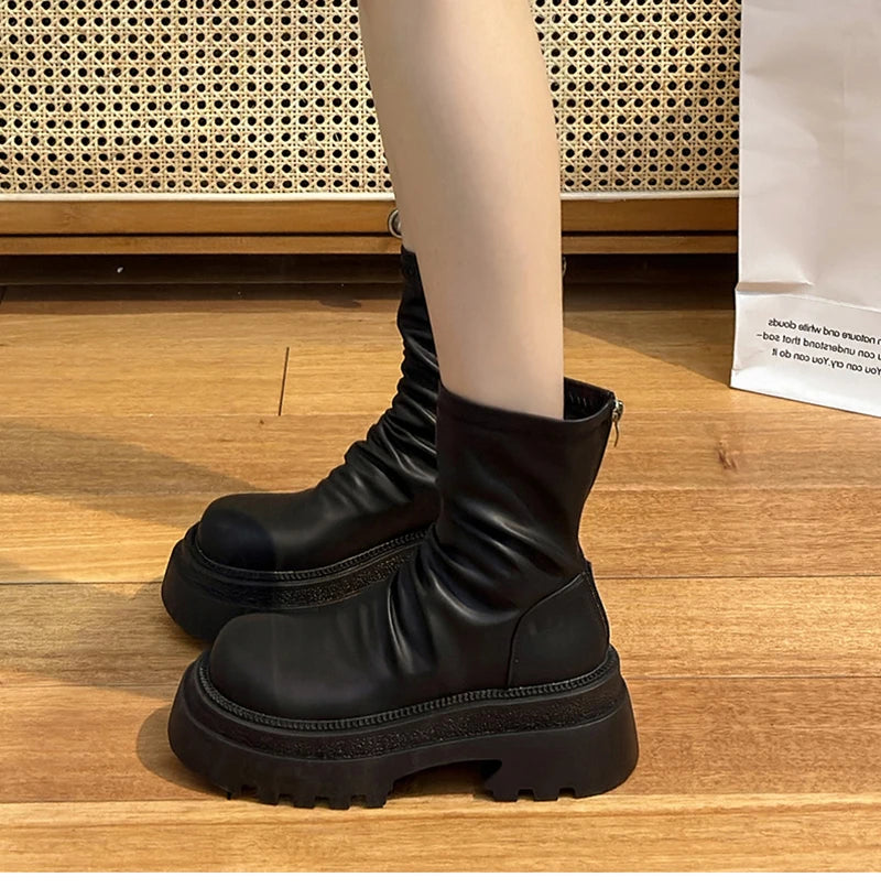 Platform Heel Women Short Booties Fashion Back Zippers Ankle Booties Retro Style Autumn Winter Female Shoes