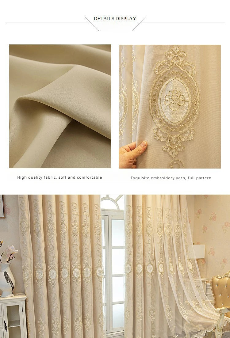 ستائر مخصصة لغرفة المعيشة وغرفة الطعام وغرفة النوم، قماش أوروبي فاخر مزدوج الطبقات مع تطريز متكامل وديكور معتم