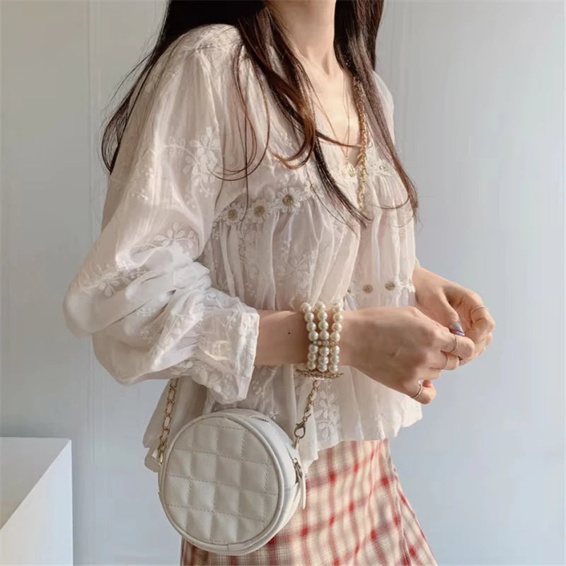 Women Fashion V-neck White Women Blouse Spring Flower Loose Hollow Shirt Korean Elegant Sweet Long Sleeve Short Tops Blusas