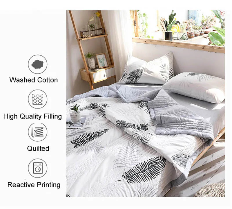 لحاف صيفي من القطن المغسول، لحاف مكيف للهواء، بطانية ناعمة وجيدة التهوية، مفرش سرير مطبوع عليه أوراق رقيقة، غطاء سرير، منسوجات منزلية