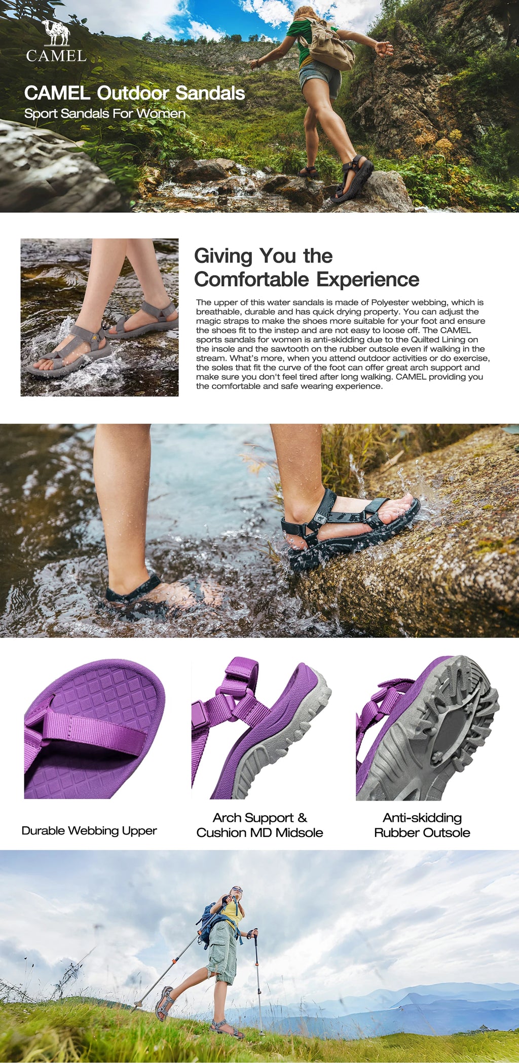 GOLDEN CAMEL Hiking Sport Sandals for Women Anti-skidding Water Sandals Comfortable Athletic Sandals for Outdoor Wading Beach