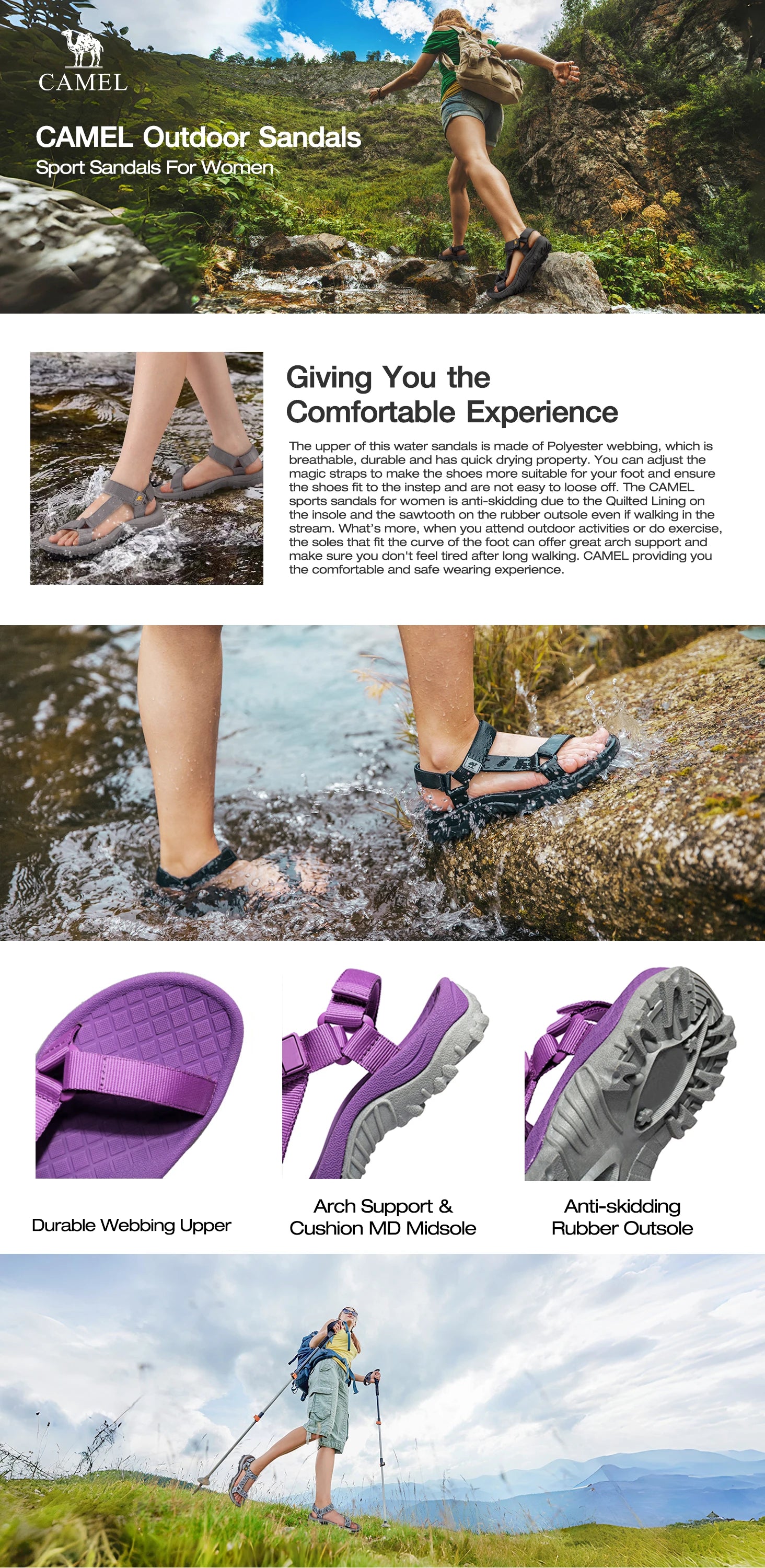 GOLDEN CAMEL Hiking Sport Sandals for Women Anti-skidding Water Sandals Comfortable Athletic Sandals for Outdoor Wading Beach
