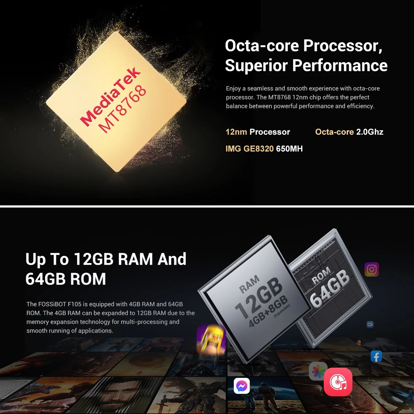 [العرض العالمي الأول] هاتف FOSSiBOT F105 الذكي المتين بنظام تشغيل أندرويد 14 وذاكرة وصول عشوائي 12 جيجابايت وذاكرة داخلية 64 جيجابايت وكاميرا 20 ميجابكسل وشاشة 6.745 بوصة عالية الدقة وشاشة IPS