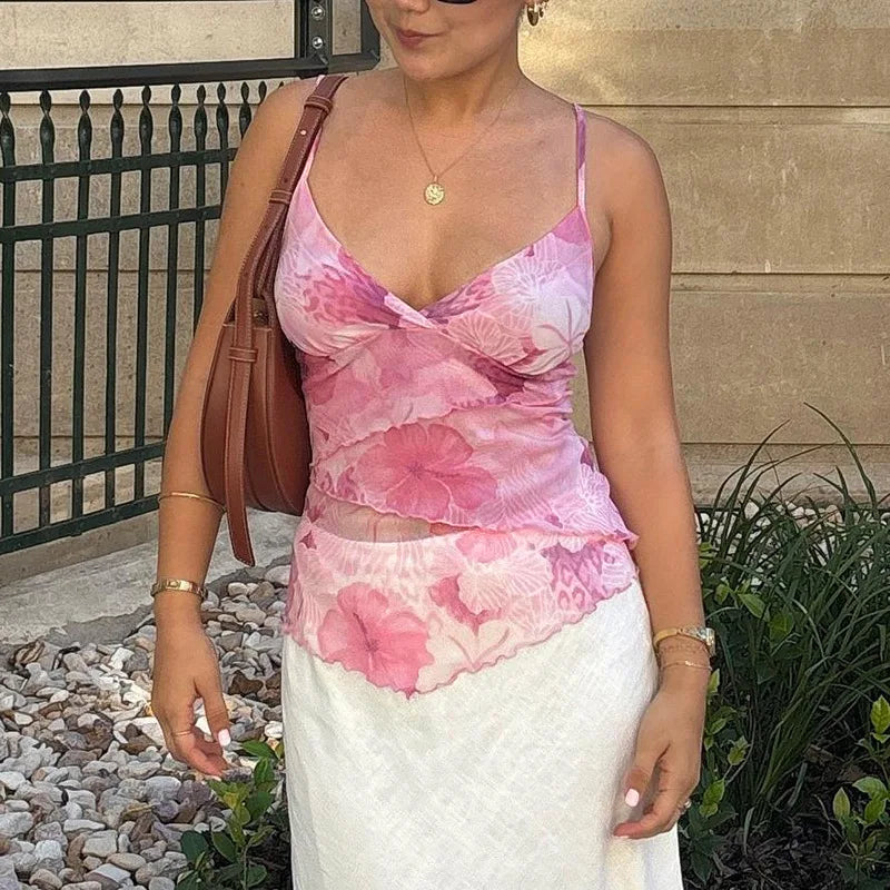 Floral Print Sexy Tops For Women Fashion Edgy Clothes Y2k Accessories Spaghetti Strap Crop Top Chiffon Camison Verano Ropa Mujer SwiftNest