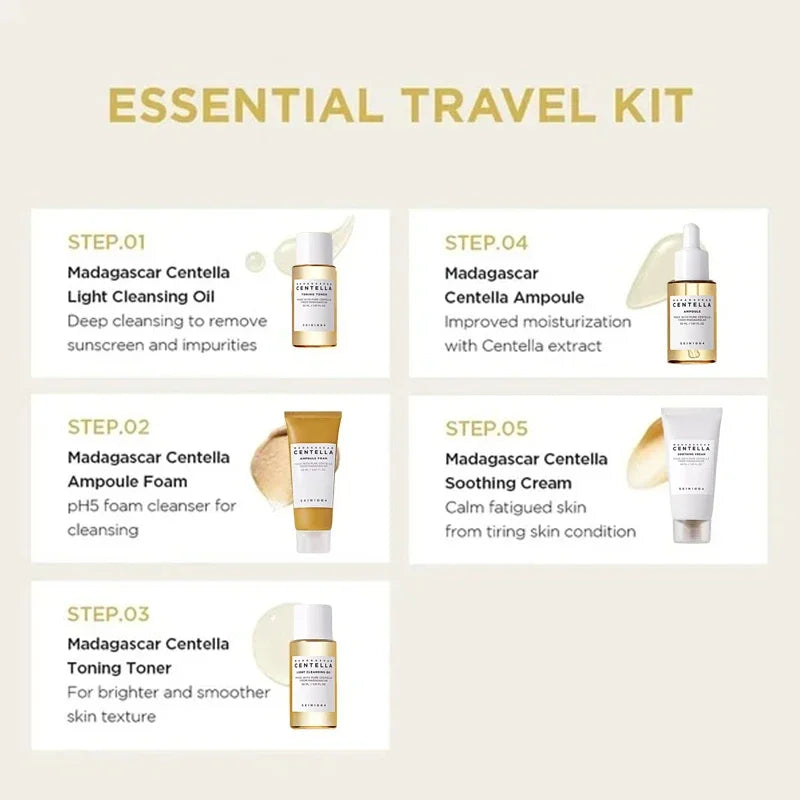 Korean Skin Care Centella 5pcs Set Gift Set Toner, Ampoule, Soothing Cream, Cleansing Oil, Foam, Basic Skincare Box Travel Kit