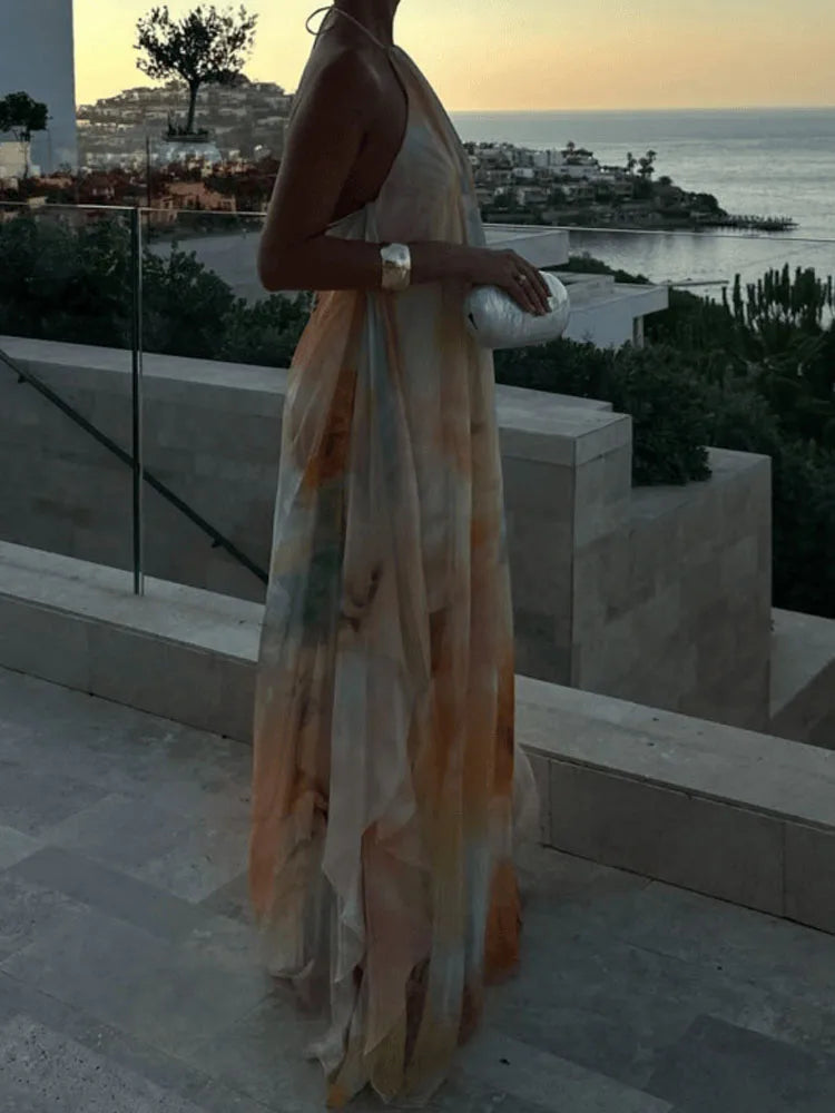 Women Fashion Pattern Print Loose Bohemian Dress Sexy Backless Hollow Party Dress Elegant Halter Sleeveless Vacation Long Dress