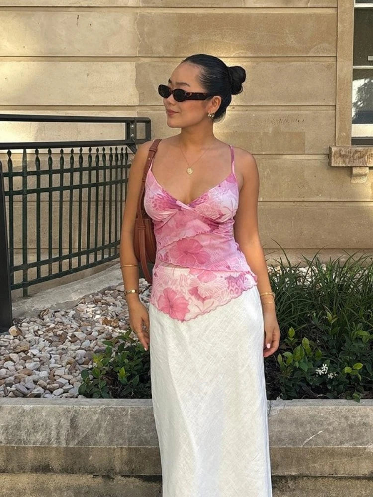 Floral Print Sexy Tops For Women Fashion Edgy Clothes Y2k Accessories Spaghetti Strap Crop Top Chiffon Camison Verano Ropa Mujer SwiftNest