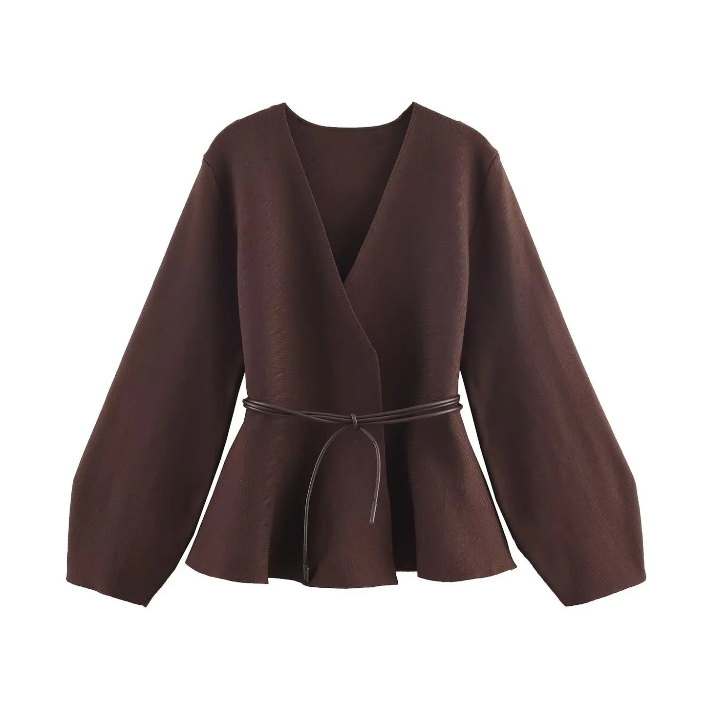 سترة نسائية أنيقة من HH برقبة على شكل حرف V وحزام مزخرف بنمط خريفي غير رسمي بأكمام طويلة محبوكة عصرية