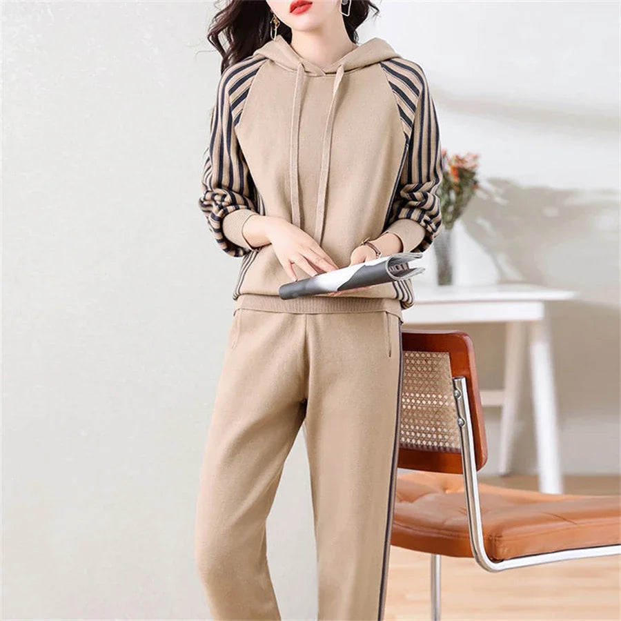 Fashion Autumn Women 2 Pieces Sets Casual Hooded Patchwork Loose Knitted Sweater Sports Harlan Pants Suits Winter Sportswear SwiftNest