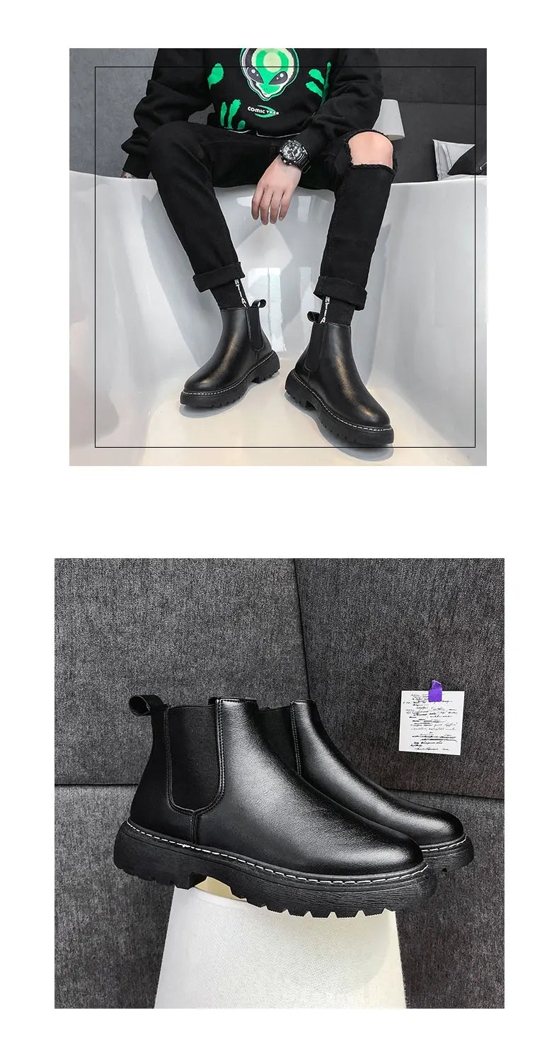 Mens Handmade Leather Chelsea Boots Elastic Sides Business Casual Dress Shoes Anti Slip Sole Comfortable Black Footwear