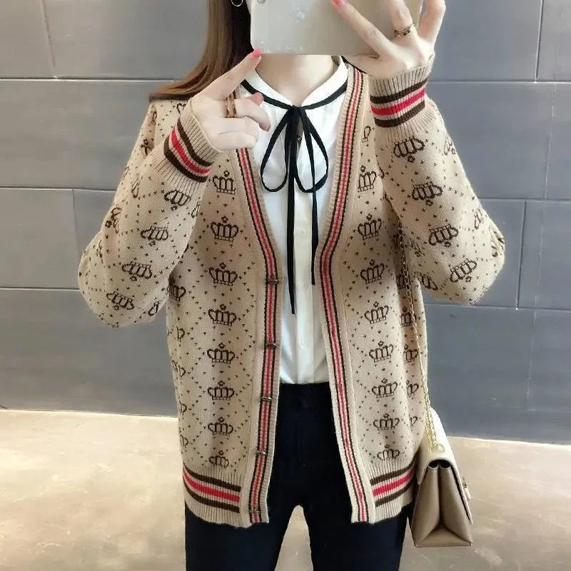 Women's Clothing Casual Loose V-neck Soft Thick Lazy Sweaters Autumn Winter Fashion Striped Commute Basic Knitted Cardigan SwiftNest