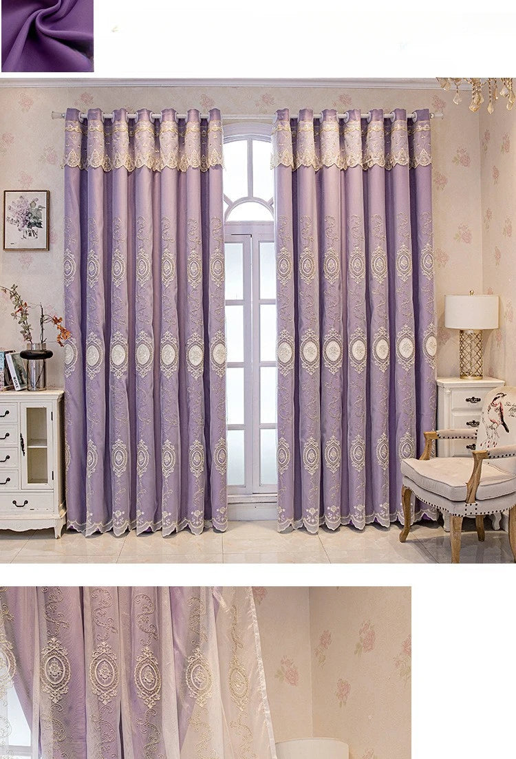 ستائر مخصصة لغرفة المعيشة وغرفة الطعام وغرفة النوم، قماش أوروبي فاخر مزدوج الطبقات مع تطريز متكامل وديكور معتم
