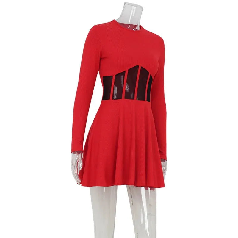 Women Fall Fashion A Line Dress Long Sleeve Crew Neck Stunning Mesh Splicing Corset Dress Y2K Going Out Night Club Party  Dress SwiftNest