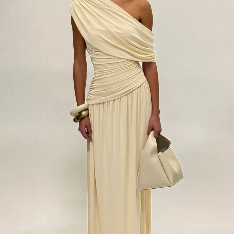 Women Fashion Hight Waist Pleat Solid Party Dress Summer Sexy Sleeveless Slim Maxi Dress Elegant Slant Neck Irregular Long Dress