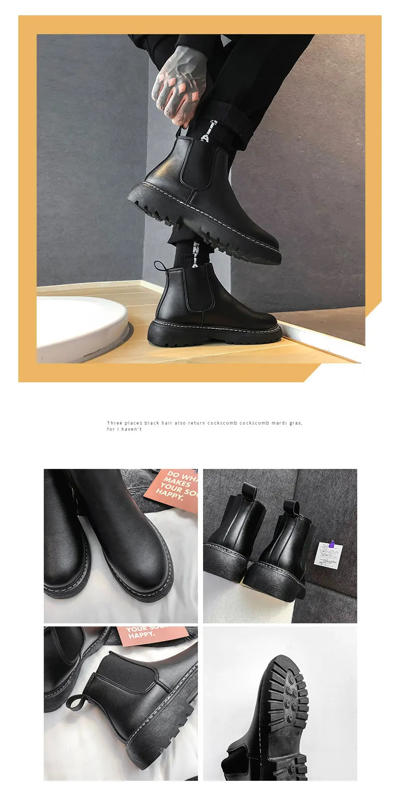 Mens Handmade Leather Chelsea Boots Elastic Sides Business Casual Dress Shoes Anti Slip Sole Comfortable Black Footwear