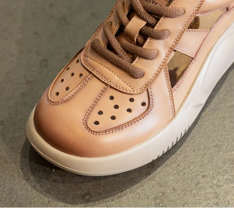 DRKANOL Platform Sandals Women Summer Round Toe Shoes Lace-Up Genuine Leather Thick Bottom Lightweight Casual Sneakers Sandals