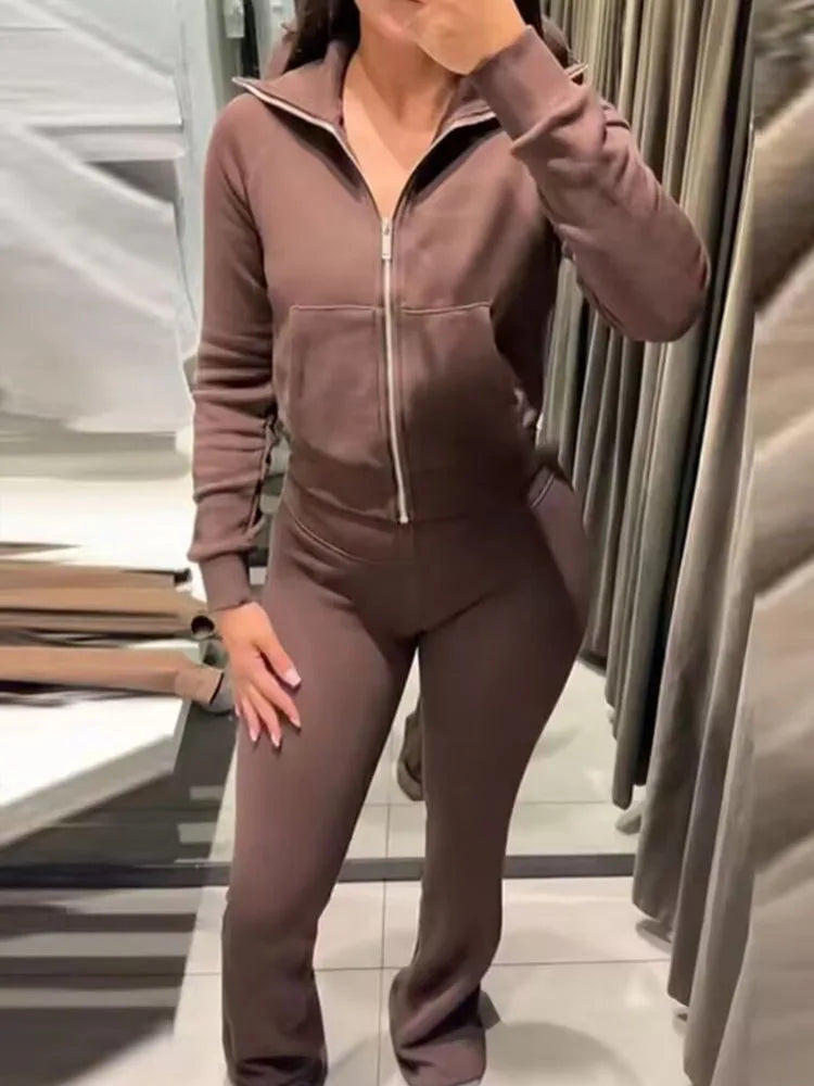 HH Women Autumn Fashion Sets Solid Turn-Down Collar Long Sleeves Pockets Zipper Slim Short Coat+Casual Elastic Waist Long Pants SwiftNest