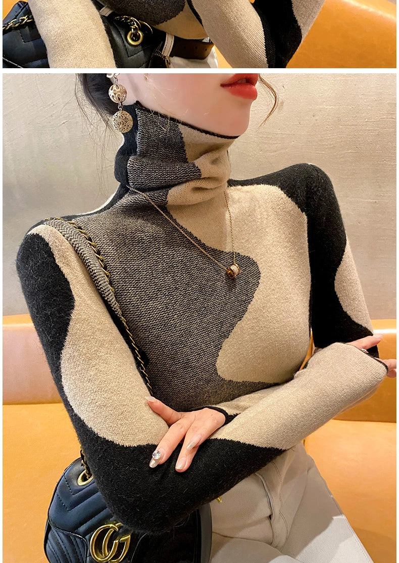 Women Clothing Vintage Fashion Slim Turtleneck Sweaters Autumn Winter Elegant Chic Patchwork Knit Pullovers Office Lady Tops