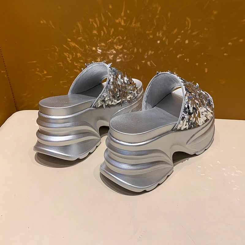 Aphixta Platform Sequined Cloth Sandals Slippers Women 8CM High Wedge Slides Women Shoes Gold Beach Slides Shoes