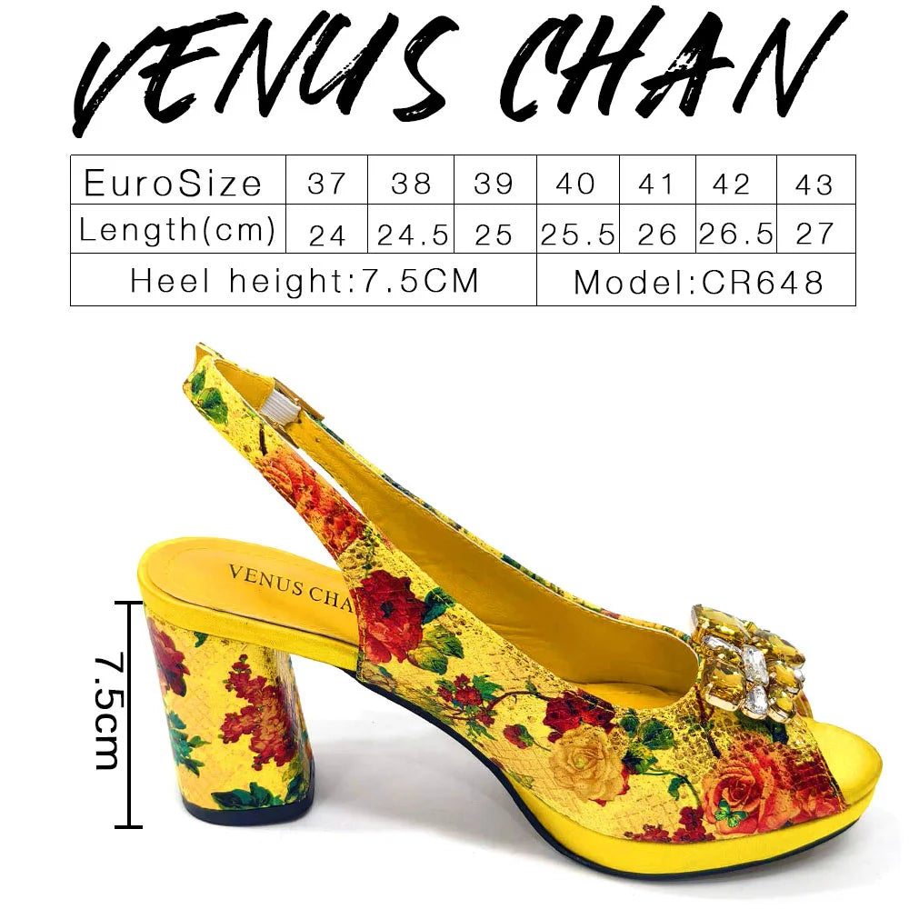 Venus Chan Italian Sandals and Bags Matching Set 2024 Women Heel Party for Gold Colour Wedding Bigger Size Thick Heel Shoes