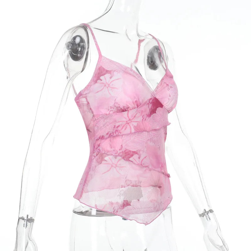 Floral Print Sexy Tops For Women Fashion Edgy Clothes Y2k Accessories Spaghetti Strap Crop Top Chiffon Camison Verano Ropa Mujer SwiftNest