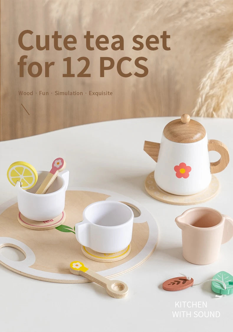 ألعاب تظاهر للأطفال، ألعاب مطبخ للأطفال، مجموعة شاي خشبية واقعية، مجموعة ألعاب حفلات