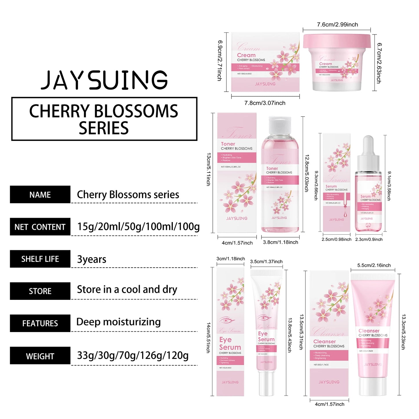 Sakura Skincare Set Moisturizer Face Cream Serum Toner Facial Cleanser Eye Cream Anti-Wrinkle Brighten Face Care Kit for Women