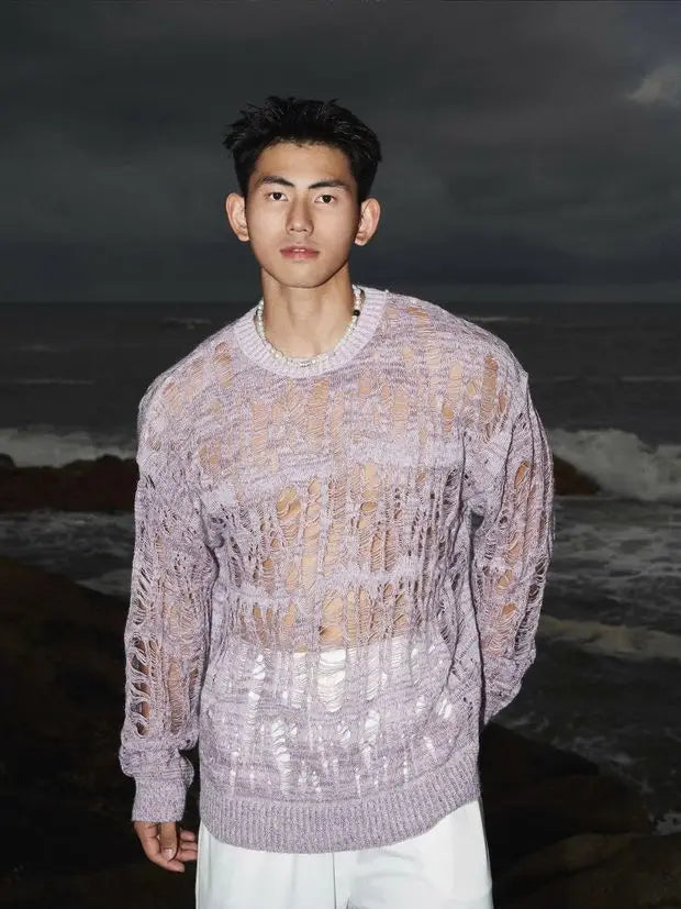 【 Fashion Items 】 Men's Laid-back Style Openwork Long-sleeved T-shirt , See-through Tattered Style Long-sleeved Knitted Sweater