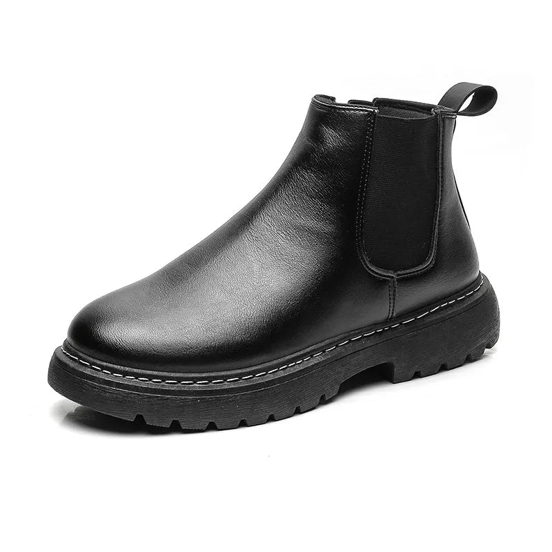 Mens Handmade Leather Chelsea Boots Elastic Sides Business Casual Dress Shoes Anti Slip Sole Comfortable Black Footwear