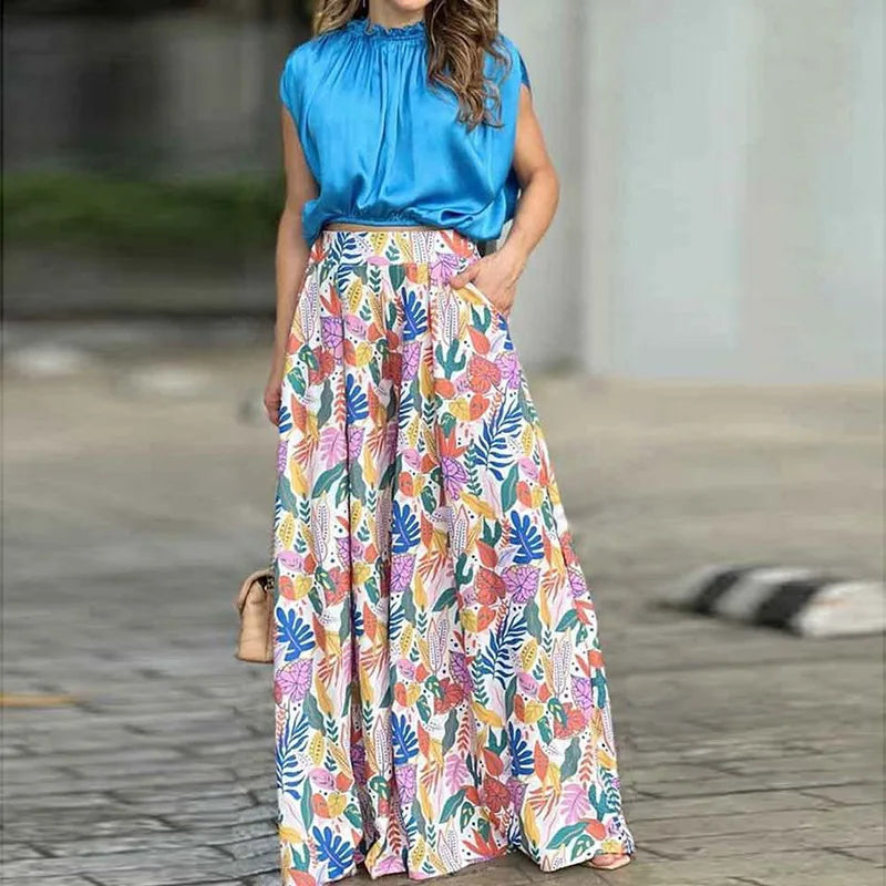 Fashion Casual Set Women 2024 Tops Shirt Elegant Wide Leg Pants Set Sense Of Design Printed Bell Sleeve Shirt Wide Leg Pants SwiftNest