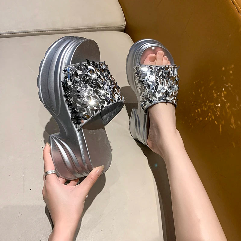 Aphixta Platform Sequined Cloth Sandals Slippers Women 8CM High Wedge Slides Women Shoes Gold Beach Slides Shoes