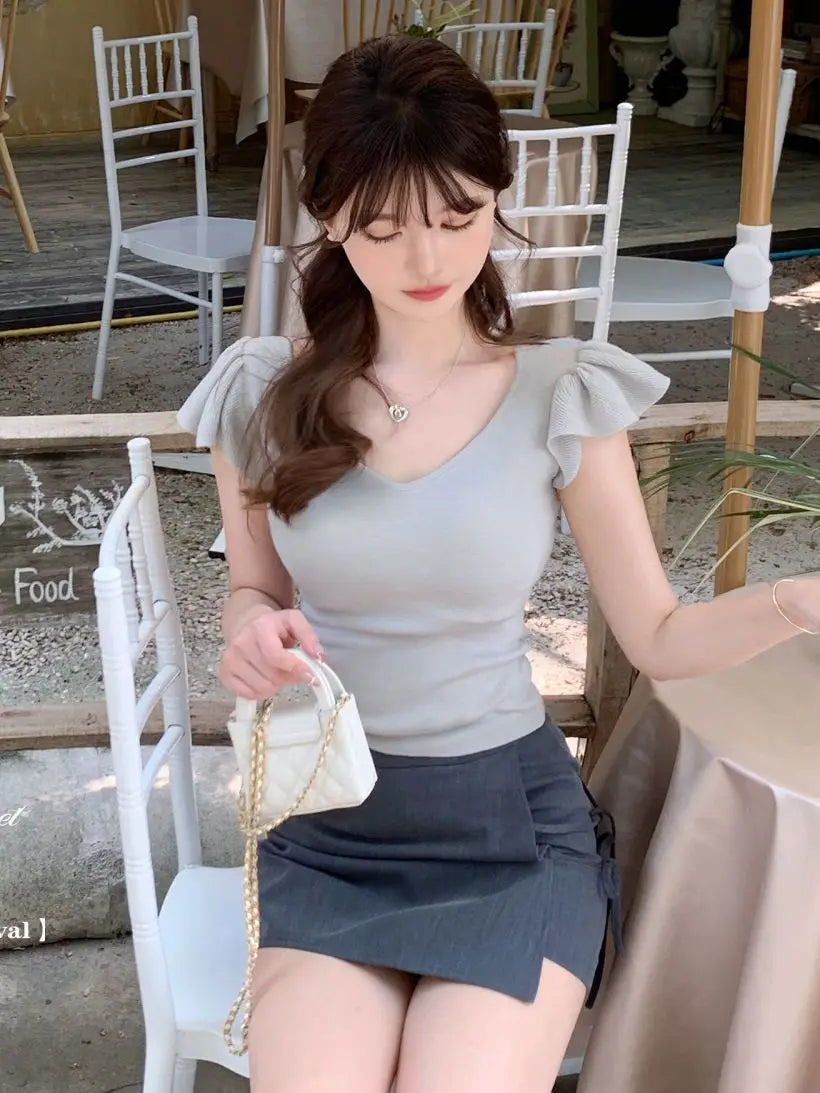 Women Clothes Summer Casual Fashion Simplicity Solid Color V-neck Tops Women's Trend All-match Sweet Temperament Slim T-Shirt SwiftNest