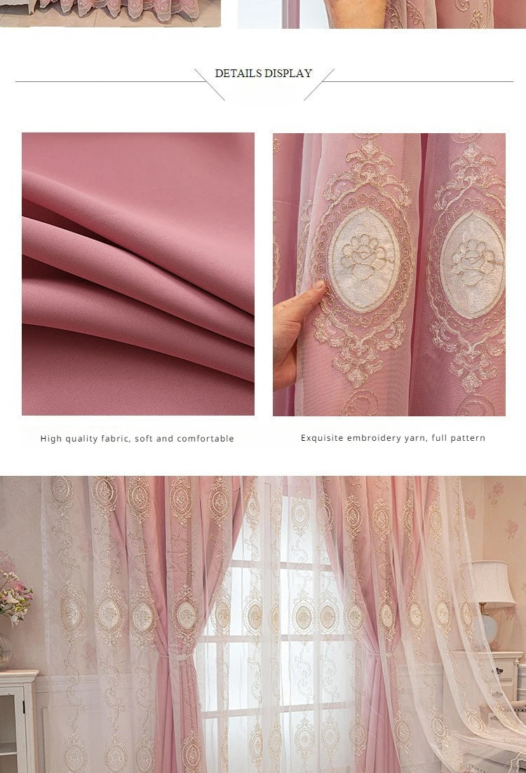 ستائر مخصصة لغرفة المعيشة وغرفة الطعام وغرفة النوم، قماش أوروبي فاخر مزدوج الطبقات مع تطريز متكامل وديكور معتم