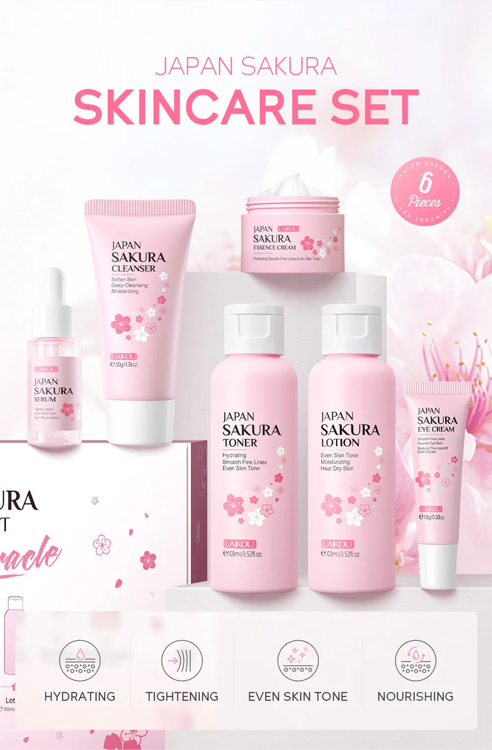 Laikou 6pcs/set Sakura Skin Care Sets Facial Cleanser Moisturizing Eye Creams Face Cream Serum Lotion Skin Care Kit