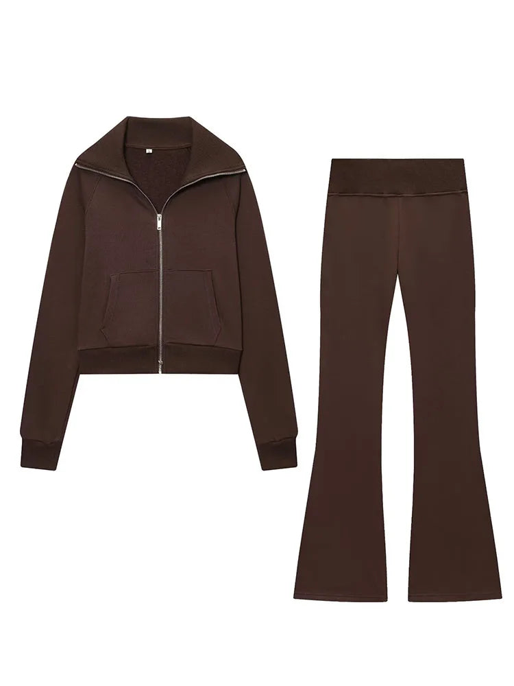 HH Women Autumn Fashion Sets Solid Turn-Down Collar Long Sleeves Pockets Zipper Slim Short Coat+Casual Elastic Waist Long Pants SwiftNest